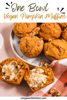 one bowl vegan pumpkin muffins on a plate