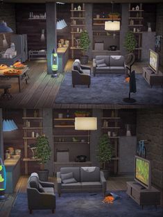 모동숲 인테리어 Acnh Home Layout Ideas, Acnh Man Cave, Acnh Lucky House Interior, Acnh Marshal House Interior, Animal Crossing Basement Ideas, Acnh Main Room Designs, Acnh Living Rooms, Masculine House, House Loft Ideas