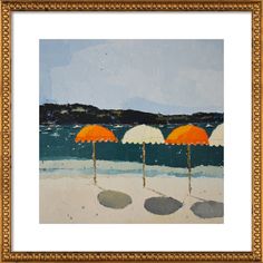 three orange and white umbrellas on the beach