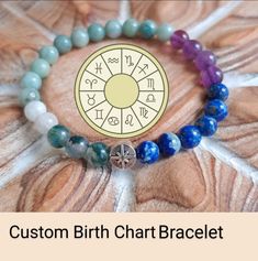 This listing is for a personalized Natal Chart Bracelet handmade with genuine, 6mm gemstone beads! I will enter the birth data that you provide into an astrology software and make each bracelet unique according to the signs your planets are in. Each stone used corresponds with a Zodiac sign. I will send a short write-up with each order telling you what stones were used for which planets and Zodiac signs. The basic formula that I am using to build each bracelet is as follows: 3-4 beads for the Sun, Moon and Rising (depending on bracelet size) 2 beads for each planet  1 bead for Chiron- only if your bracelet needs to be larger.  1 Compass bead that is positioned before the Rising Sign and after the final planet that completes your natal chart.  Example: If someone has their Sun sign in Sagit Sun Moon And Rising, Rising Sign, Natal Charts, Sun Sign, Birth Chart, Bracelet Handmade, Sun Moon, Sign I, Bracelet Sizes