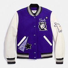 Pre-Loved In Good Condition Designer Long Sleeve Outerwear For College, White Varsity Jacket For Winter Workwear, Varsity Purple Outerwear For Fall, Purple Varsity Outerwear For Fall, Coach Jackets, Coach New York, Coach Jacket, Color Purple, Varsity Jacket