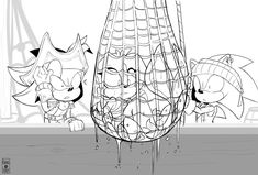 an ink drawing of three cartoon characters in a cage