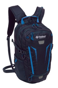 the back pack is green and blue with pink accents on the bottom, and two zippers at the front