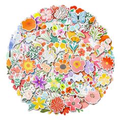 an assortment of flowers and butterflies on a white background