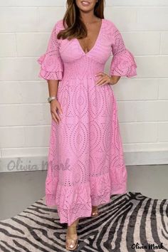 Color: Pink, Size: L Casual Cotton Dress, Elegant Midi Dresses, Frill Sleeves, High Waist Dress, Solid Color Dress, Embroidered Neckline, Weave Style, Hip Dress, Midi Dress With Sleeves