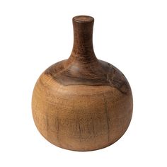 a wooden vase sitting on top of a white surface