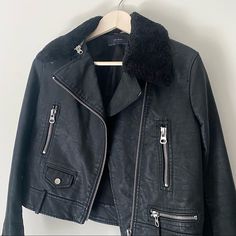 Gorgeous Soft Leather Jacket With A Removable Faux Fur Jacket. From The “Zara Basic Outerwear” Collection. Labeled A Size L But Can Fit Small And Medium Depending On Desired Fit. Measurements: 19” Pit To Pit 22” Length 23” Sleeve Length Questions? Leave A Comment Below! Black Faux Fur, Cropped Jacket, Zara Basic, Faux Fur Jacket, Zara Black, Crop Jacket, Fur Jacket, Soft Leather, Black Silver