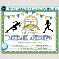 EDITABLE Cross Country Award Certificates, INSTANT DOWNLOAD, Track Awards, School Running Team Party Printable, Sports Runner Certificates Track And Field Events, Participation Award, Award Template, Country Party, Running Team, Awards Certificates Template, Team Party, Award Certificates, Sports Themed Party