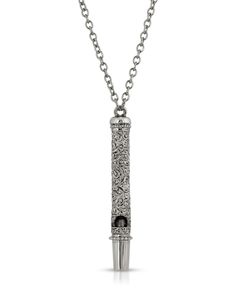 a silver necklace with an ornate design on the front and back end, hanging from a ball chain