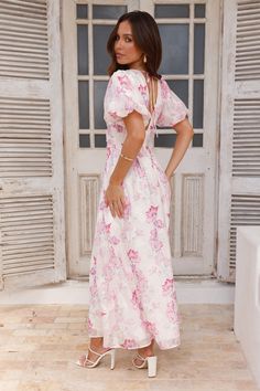 Length from shoulder to hem of size S: 133cm. Chest 38cm, Waist 32cm, across front only of size S. Maxi dress. Pink/purple print. Lined. Model is a standard XS and is wearing size XS. True to size. Non-stretch. Elastic puff sleeves. Tie-up back. Elastic back V-neck. Print placement may vary. Zipper. Cold hand wash only. Polyester/Spandex. Elevate your look with the One To Love Maxi Dress. Featuring dreamy elastic puff sleeves and a tie-up back design. Style with heels for a fancy day 'fit. Maxi Dress White, Rose Violette, Bridal Shower Dress, Long Bodycon Dress, Shower Dresses, Long Sleeve Lace Dress, Print Placement, Grad Party, Mini Dresses Summer