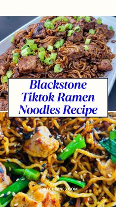 black stone tiko ramen noodles recipe with chicken and green onions in a white bowl