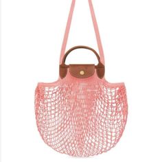 New With Tag 15"W X 12.25"H Color: Blush Longchamp Le Pliage Filet Knit Bag, Longchamp Le Pliage Blush, Longchamp Le Pliage Filet, Knit Bag, Longchamp Handbags, Longchamp Bags, Nylon Tote Bags, Net Bag, Brown Purses