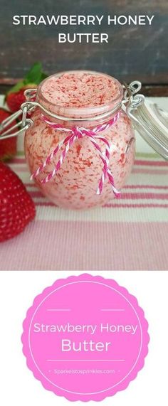 strawberry honey butter in a glass jar on a table