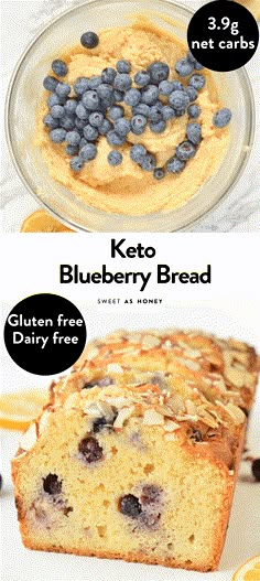 blueberry bread is cut into slices and placed on a plate with the text keto blueberry bread