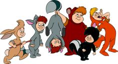 several cartoon characters are dressed in costumes and one is holding an object up to the side