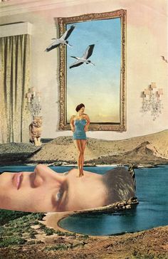 an image of a woman standing on the edge of a pool with birds flying over her head