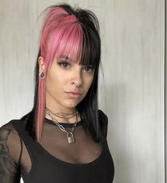 Asymmetrical Split Dye Hair, Light Brown Split Dye, Half Black Half Pink Hair, Split Dye Hair, Dyed Bangs, Split Dye, Work Hair