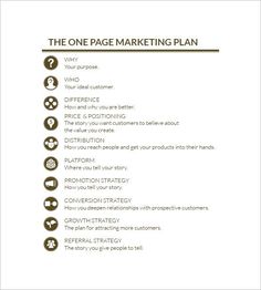 the one page marketing plan is shown in brown and white, with icons on it