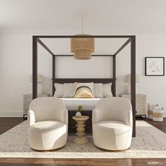 a bed room with a neatly made bed and two chairs in front of the bed