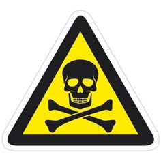 a skull and crossbones warning sign on a yellow triangle sticker with black outline