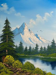 a painting of a mountain with trees and water