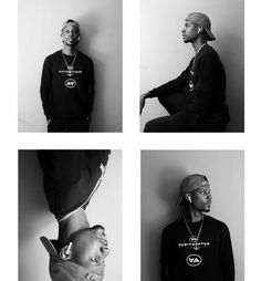 four different shots of a man in black and white