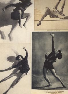 four different pictures of women in leotards and ballet clothes, one with her legs spread out