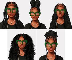 four different images of a woman wearing glasses