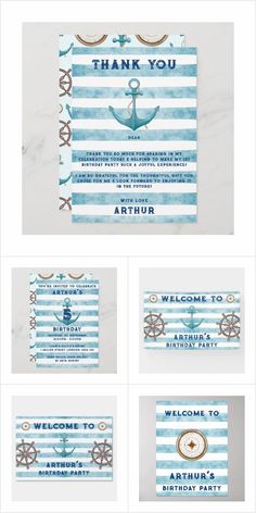 a set of four blue and white boarding cards with an anchor on the front, thank you