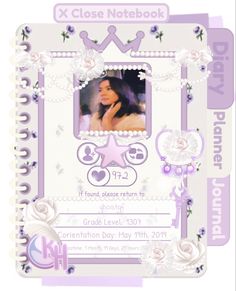 a purple and white photo frame with a princess on it's front cover, surrounded by flowers