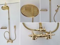 three pictures of different types of shower faucets and hand held showerheads