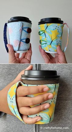 two coffee cups are being held up by their hands