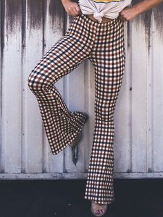 Flared Pants Plaid Pants Trousers BROWN-M Bell Pants Outfit, Bell Pants, Grid Print, Bell Bottom Pants, Flare Trousers, Flared Pants, Plaid Fashion, Plaid Pants, Clothing Hacks