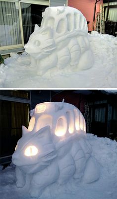 two pictures of snow sculptures in front of a house and one with lights on it