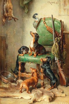 a painting of dogs and cats sitting on a green chair in front of a fireplace