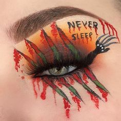 Freddy Krueger Eyeshadow, Freddy Krueger Eye Makeup, Fred Kruger, Freddy Krueger Makeup, Eyeliner Wing, Creative Halloween Makeup, Painting Makeup