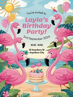 a birthday party with pink flamingos and cake