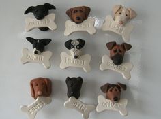 dog bone magnets with dogs names and bones on them are shown in this image