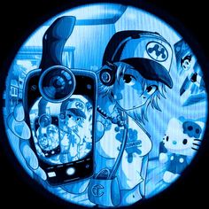 a cartoon character holding a cell phone in front of a screen with other characters on it