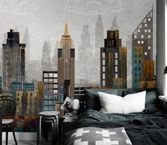 a bed room with a neatly made bed and a city wall mural on the wall