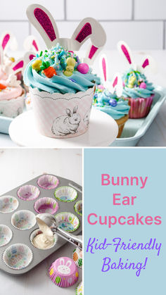 bunny ear cupcakes with blue frosting and pink icing in the middle