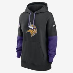 A wardrobe staple for football season, the Minnesota Vikings Sideline Essential Hoodie is made with dropped shoulder seams that help create an oversized look and soft fleece lining for a warm, comfortable outer layer. Nike Hoodie With Fleece Lining For Streetwear, Nike Fleece-lined Hoodie For Streetwear, Nike Hoodie With Drawstring Hood For Sports, Nike Fan Apparel Hoodie With Drawstring Hood, Nike Hooded Fan Apparel Sweatshirt, Nike Winter Fan Apparel Hoodie, Nike Hooded Sweatshirt Fan Apparel, Nike Winter Hoodie Fan Apparel, Nike Fleece Hoodie For Sports