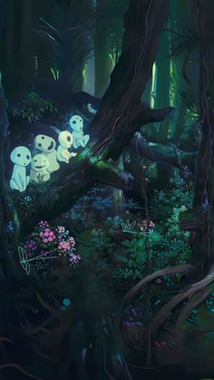 an animated forest scene with many little creatures