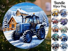 a christmas ornament with a tractor in front of a snow covered farm scene