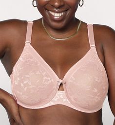 This dramatic, full coverage underwire bra has see-through lace cups, decorative bow with charm at center top, and shiny elastic straps. Seamless, molded underwire cups have mesh lining. Sheer floral lace cups have knit panels sewn into top. Plunge neckline shows off your cleavage. Arched center panel has small cut-out. Center of neckline has cute bow and silvertone metal pendant with iridescent faux jewel. Covered elastic underband provides extra support to your bust. Seamless sides and back ar Elegant Pink Underwire Nursing Bra, Feminine Full Coverage Bra With Lace Closure, Elegant Pink Nursing Bra With Removable Pads, Elegant Full Coverage Pink Bra, Elegant Pink Bra With Delicate Lace, Pink Underwire Stretch Bra, Elegant Pink Nursing Bra With Built-in Bra, Feminine Pink Bra With Lace Closure, Pink Corset With Built-in Bra And Underwire Support