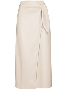 Beige faux-leather Amas wraparound midi skirt from NANUSHKA featuring wraparound style, high waist, elasticated waistband, side tie fastening and mid-length. Faux Leather Midi Skirt, Midi Wrap Skirt, Leather Midi Skirt, Draped Skirt, Asymmetrical Skirt, Linen Skirt, Leather Wraps, Wrap Skirt, Printed Skirts