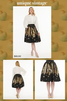 Don’t forget the charm, darling! From Unique Vintage, this gorgeous 1950s inspired skirt is crafted in an amazing black woven blend that dances with a gold foil feather print throughout. The banded high waist and gathered, voluminous A-line silhouette creates a delightful vintage style skirt, complete with side pockets and topped off with a darling back button - perfectly fit for a vintage scene!.Available in sizes XS-5X while supplies last. | Unique Vintage 1950S Black & Gold Foil Feather Gella Vintage Style Skirts, Vintage Scene, Feather Print, Style Skirt, Vintage 1950s, Skirt Fashion, Gold Foil, Unique Vintage, Vintage Style