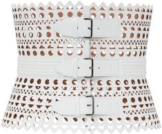 Buffed calfskin belt in white. Signature laser-cut pattern throughout. Serrated edges. Adjustable pin-buckle fastening. Part of the 1992 collection. Supplier color: Optical white | Alaia White 1992 Large Vienne Corset Belt Designer White Leather Belts, Corset Belts, Leather Corset Belt, Laser Cut Patterns, Corset Belt, Leather Corset, Suspenders, Belts For Women, Leather Fashion