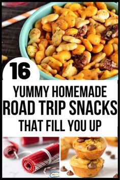 some food that is in a bowl with the words yummy homemade road trip snacks that fill