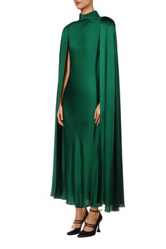 Green Silk Satin Cape Dress – Rodarte Elegant Green Gown With Cape Sleeves, Elegant Green Maxi Dress With Draped Sleeves, Green Cape Sleeve Evening Dress, Green Evening Dress With Cape Sleeves, Green Cape Sleeves Dress For Evening, Evening Green Dress With Cape Sleeves, Elegant Silk Cape For Formal Occasions, Elegant Green Dresses With Cape Sleeves, Green Flower Dress